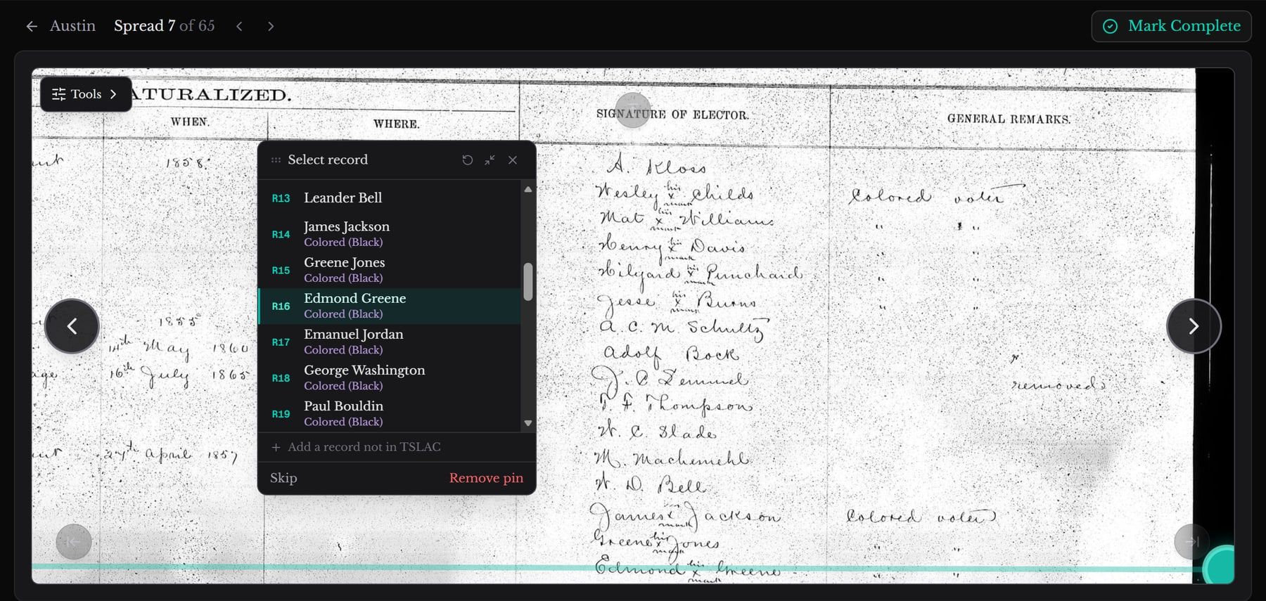 The spread-review workspace: a scanned page of the Austin County register fills the canvas, with a “Select record” panel listing registrants R13–R19 — Leander Bell, James Jackson, Greene Jones, Edmond Greene and others — to attach to the pinned line, and a Mark Complete button in the corner.